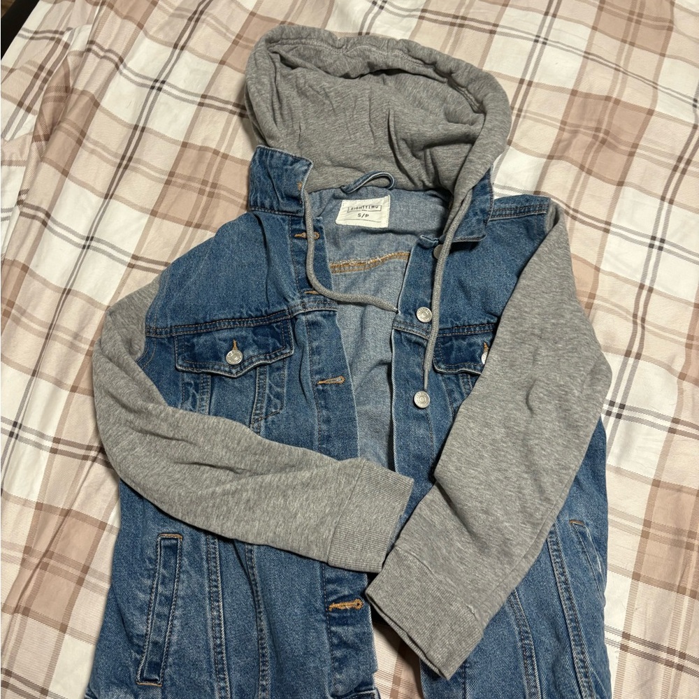 Eighty two Blue Denim Vest with Gray Hood